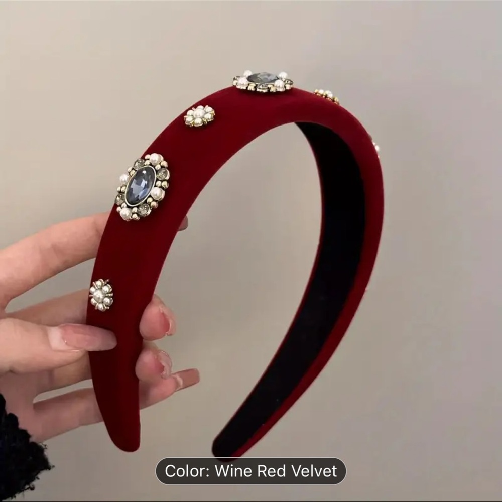 Hand-made Vintage Velvet Headband with Faux Pearls & Rhinestones